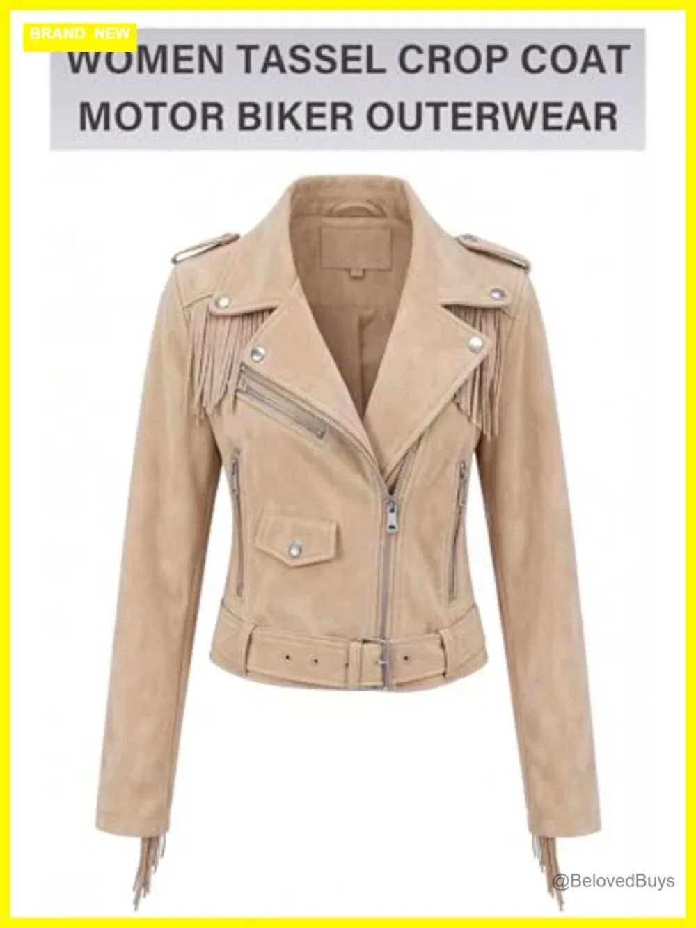 Faux Leather Moto Jacket with Tassel Trim, Belted, Zipper Closure - Picture 4 of 7